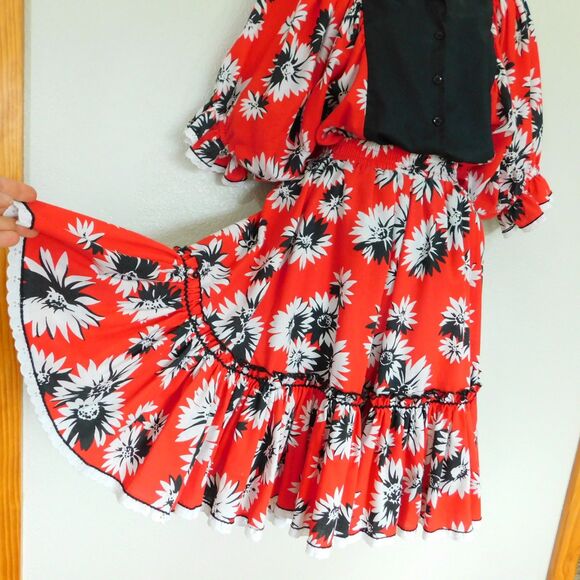 VTG Fancy Fashions Texas Square Dance 2-Pc Dress Skirt Blouse Red Black Ruffles - Picture 2 of 16
